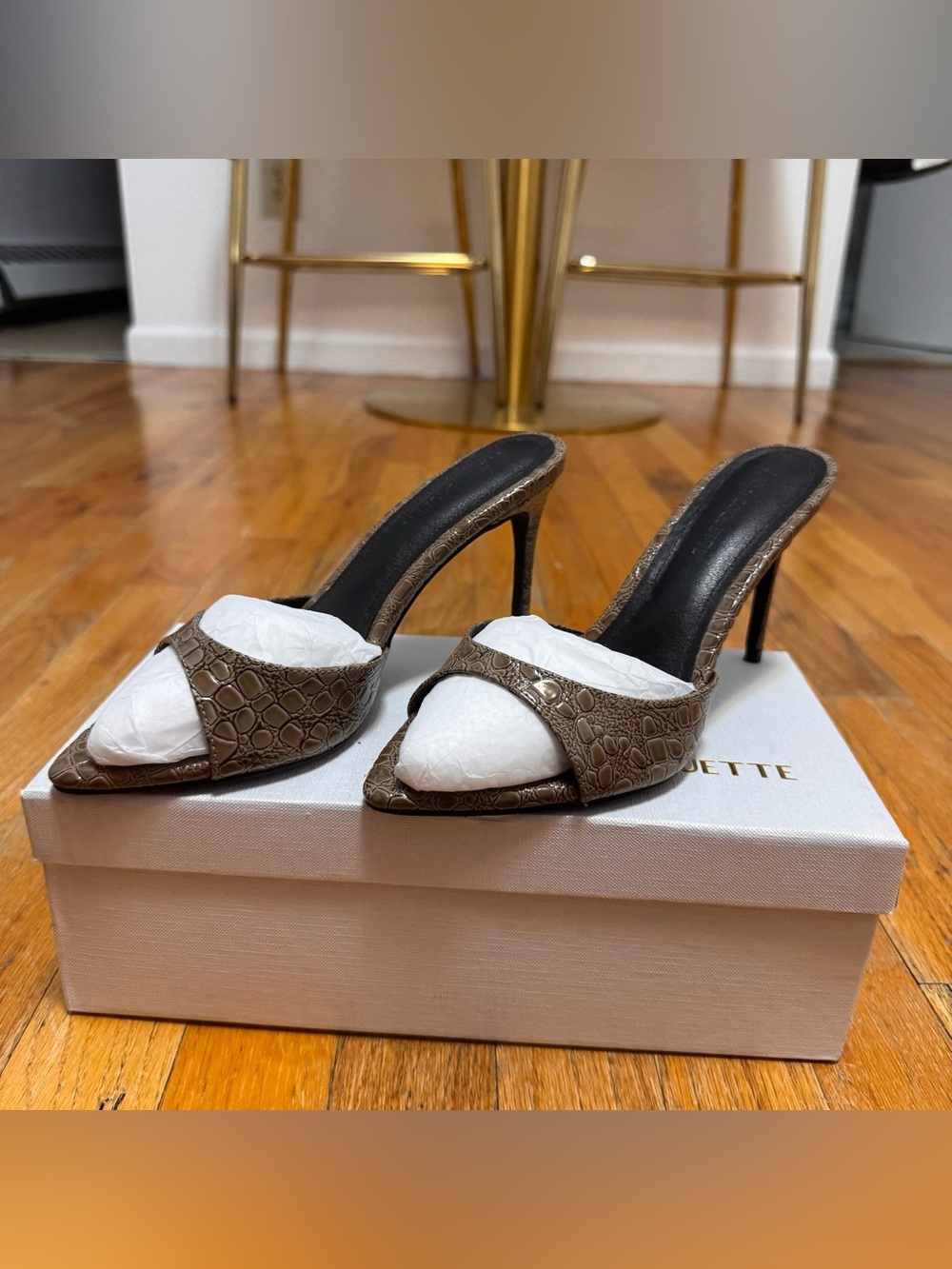 Croc-Embossed Pointed Open-Toe Mules in Taupe